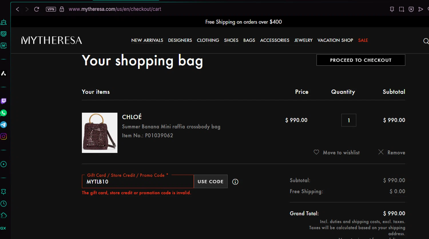 Mytheresa promo code screenshot showing code MYTLB10 applied at Mytheresa checkout page. Uploaded by SimplyCodes community member chepipi on Jun 16, 2025