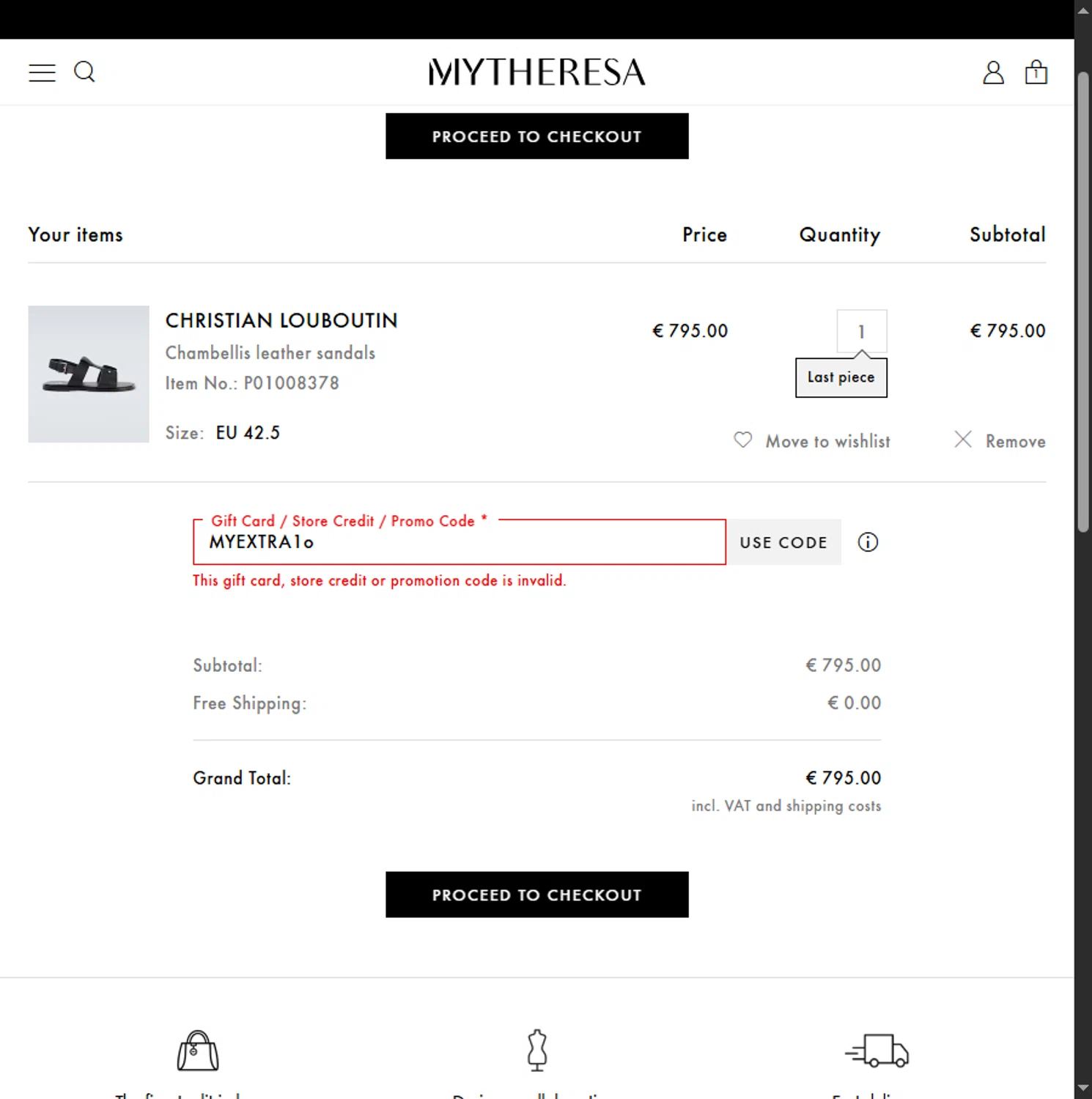 Mytheresa promo code screenshot showing code MYEXTRA1o applied at Mytheresa checkout page. Uploaded by SimplyCodes community member Beaaalmera on Aug 1, 2025