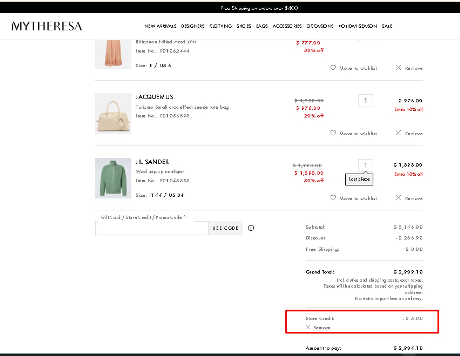 Mytheresa promo code screenshot showing code MZJW33DF applied at Mytheresa checkout page. Uploaded by SimplyCodes community member AMANDA2681 on Dec 19, 2025