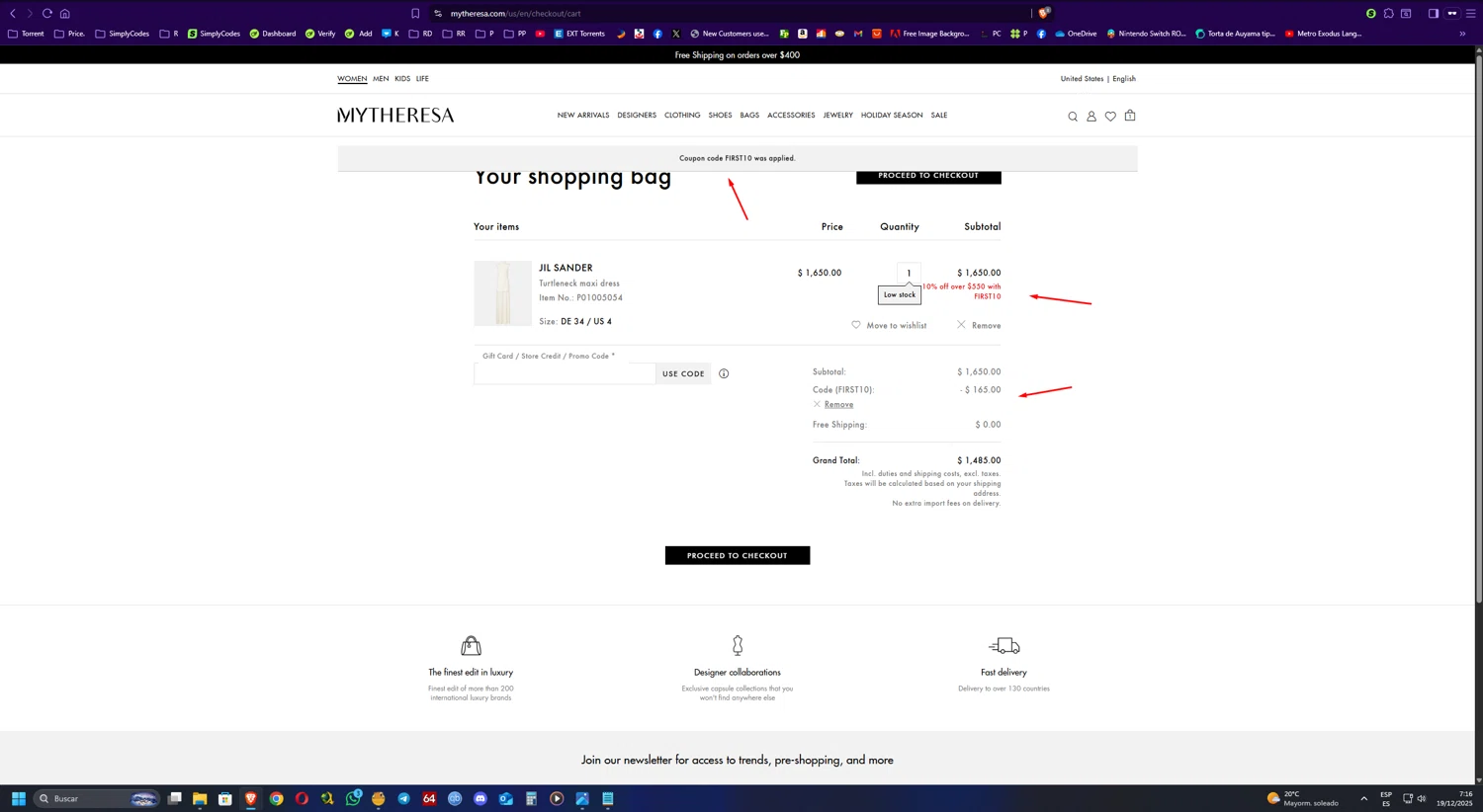 Mytheresa promo code screenshot showing code FIRST10 applied at Mytheresa checkout page. Uploaded by SimplyCodes community member UnkNownVnzla on Dec 19, 2025