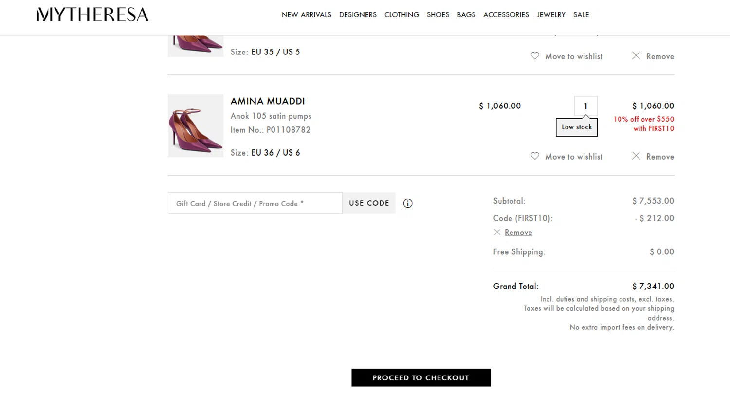 Mytheresa promo code screenshot showing code FIRST10 applied at Mytheresa checkout page. Uploaded by SimplyCodes community member valeriaantonieta on Jan 9, 2026