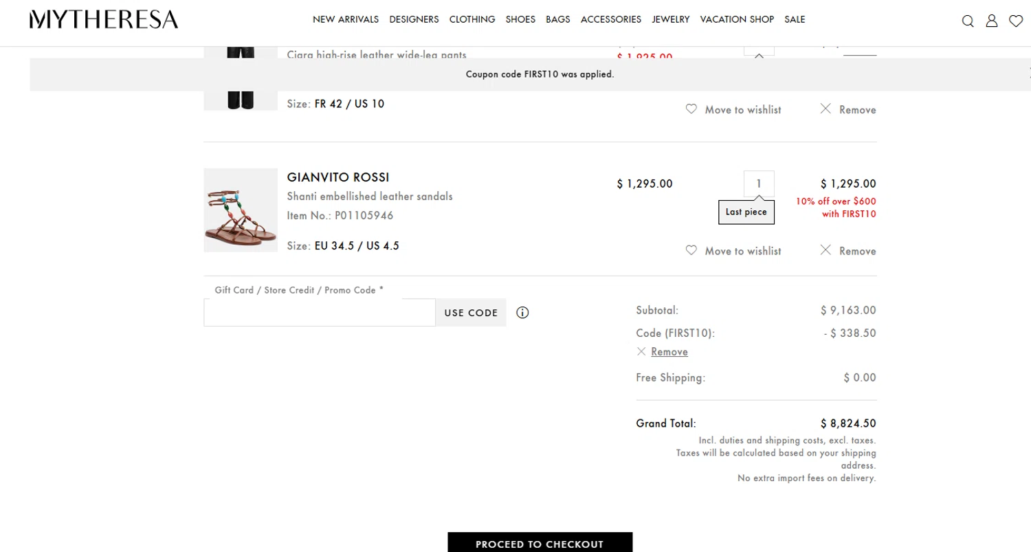 Mytheresa promo code screenshot showing code FIRST10 applied at Mytheresa checkout page. Uploaded by SimplyCodes community member valeriaantonieta on Feb 11, 2026