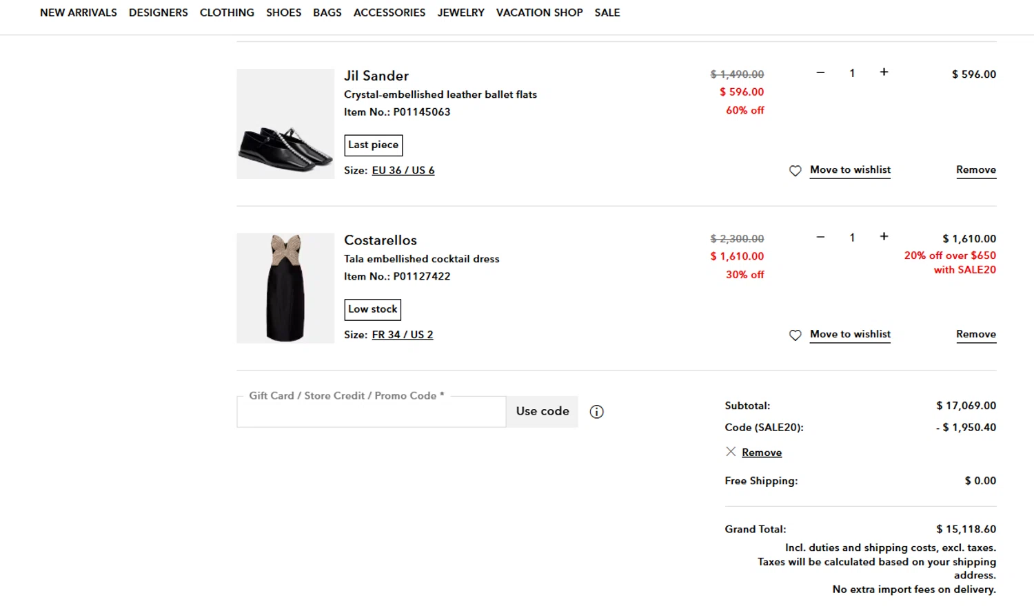 Mytheresa promo code screenshot showing code SALE20 applied at Mytheresa checkout page. Uploaded by SimplyCodes community member valeriaantonieta on Jun 5, 2026