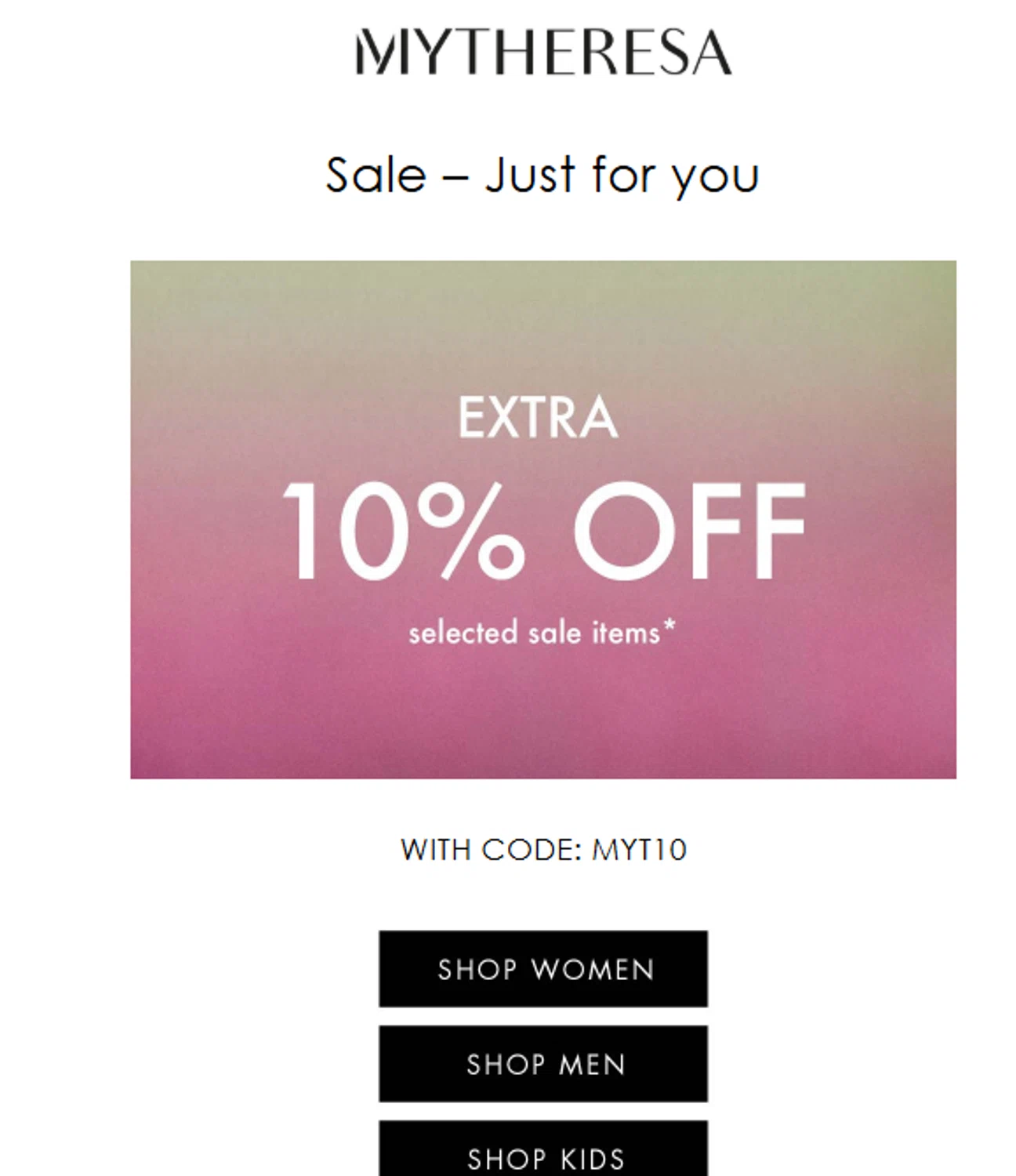 Mytheresa promo code screenshot showing code MYT10 applied at Mytheresa checkout page. Uploaded by SimplyCodes community member valeriaantonieta on Feb 20, 2026