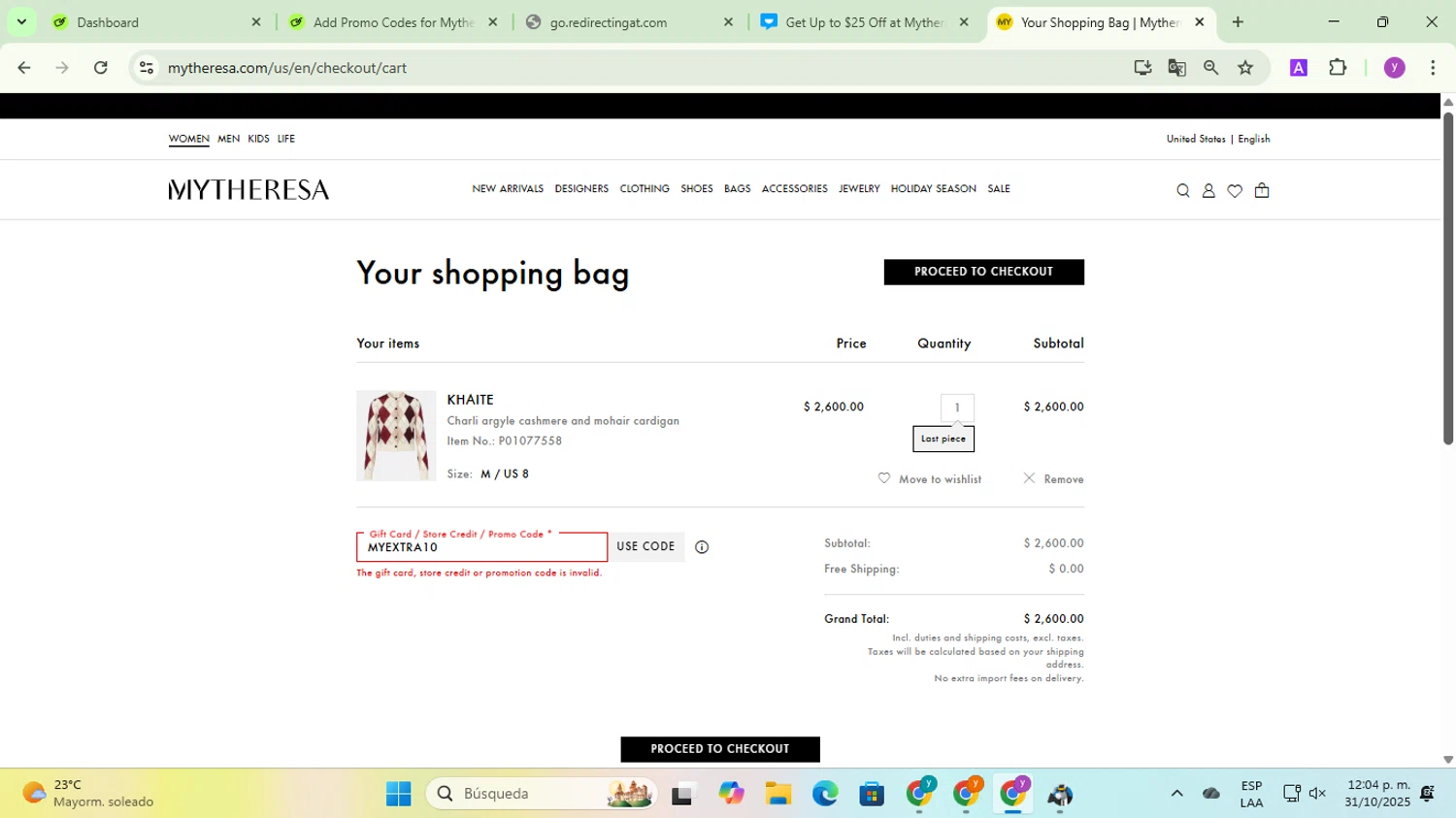 Mytheresa promo code screenshot showing code MYEXTRA10 applied at Mytheresa checkout page. Uploaded by SimplyCodes community member yadicg054 on Oct 31, 2025