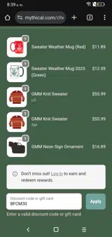 Mythical Store coupon verification screenshot