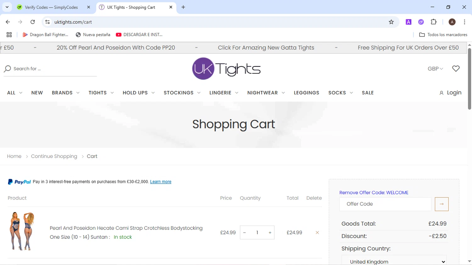 MyTights.com promo code screenshot showing code WELCOME applied at MyTights.com checkout page. Uploaded by SimplyCodes community member BudgetMaven6078 on Jun 10, 2025
