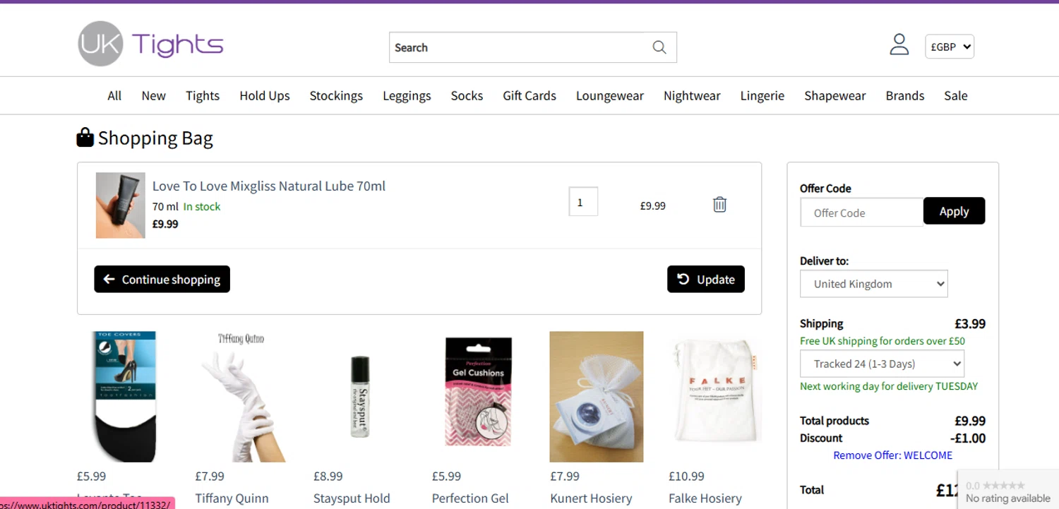 MyTights.com promo code screenshot showing code WELCOME applied at MyTights.com checkout page. Uploaded by SimplyCodes community member negrita on Jan 12, 2025