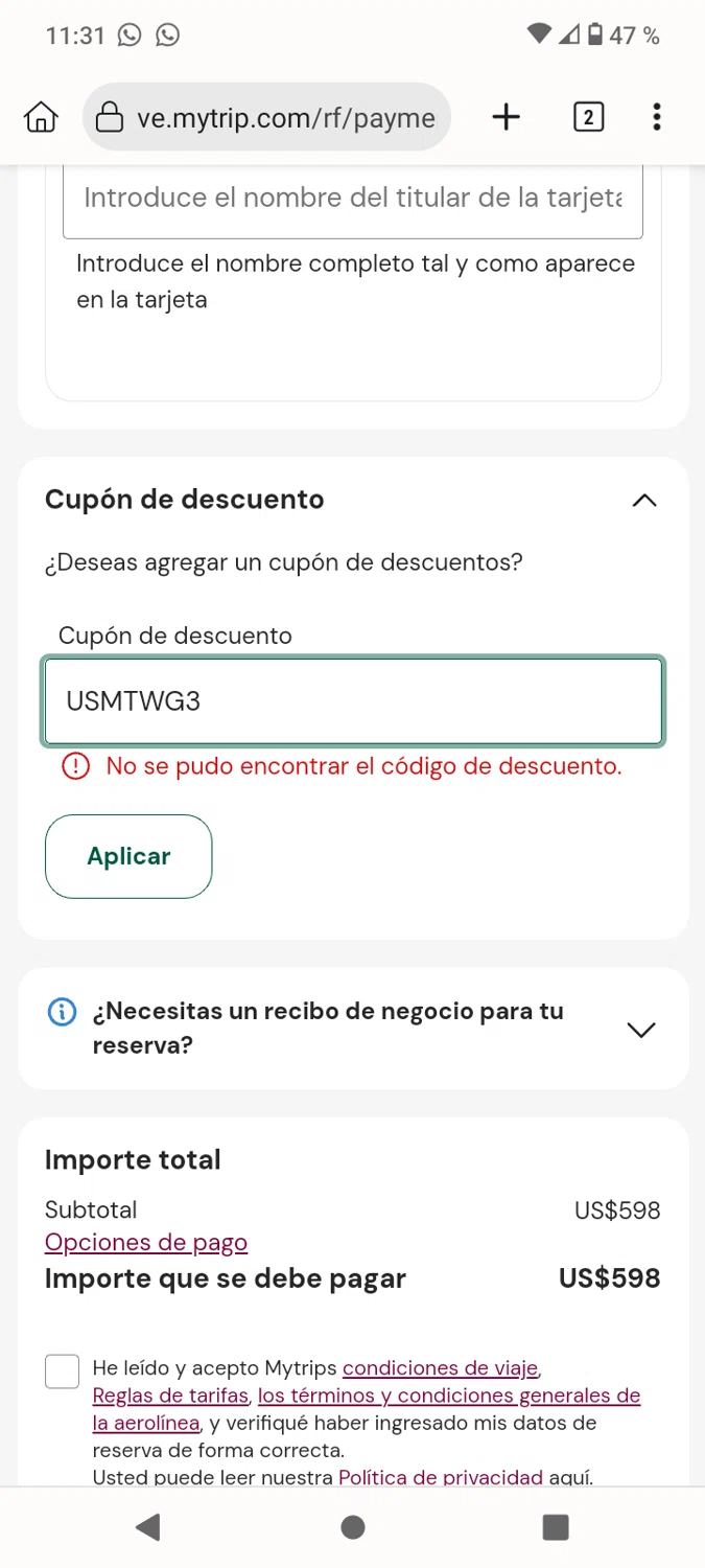 Mytrip promo code screenshot showing code USMTWG3 applied at Mytrip checkout page. Uploaded by SimplyCodes community member jesusalejandropulgar on Mar 4, 2025