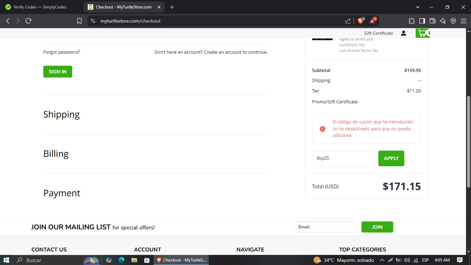 MyTurtleStore coupon code screenshot showing code Big25 applied at MyTurtleStore checkout page. Uploaded by SimplyCodes community member Suguru_Geto on Apr 21, 2025