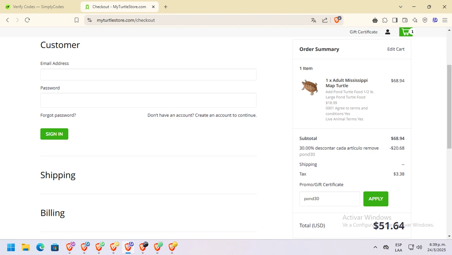 MyTurtleStore checkout page showing MyTurtleStore coupon code box | Screenshot taken by SimplyCodes community member on Mar 24, 2025