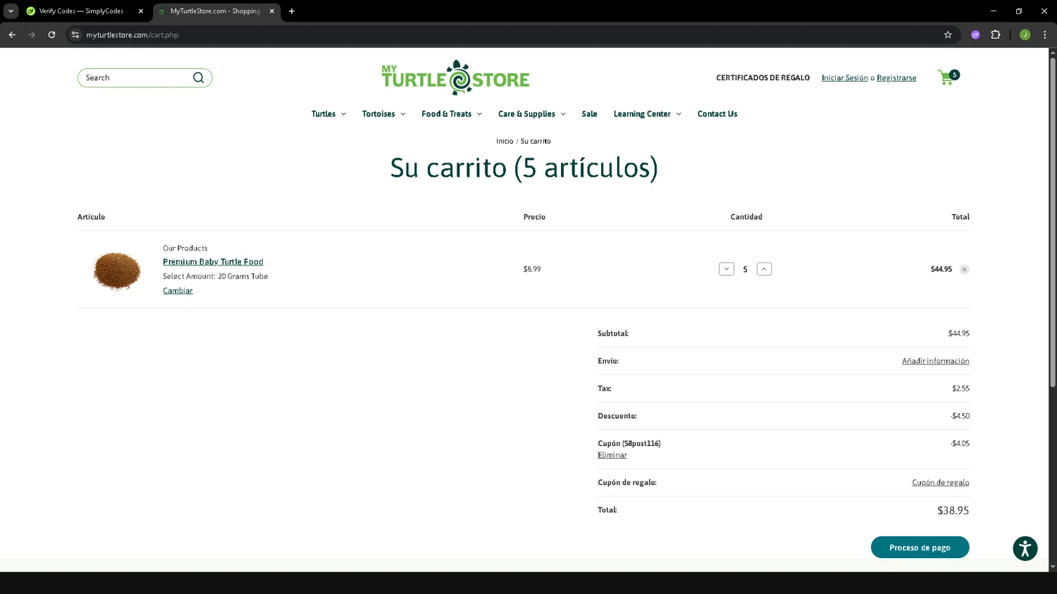 MyTurtleStore coupon code screenshot showing code 58post116 applied at MyTurtleStore checkout page. Uploaded by SimplyCodes community member SAIKOO on Nov 27, 2025