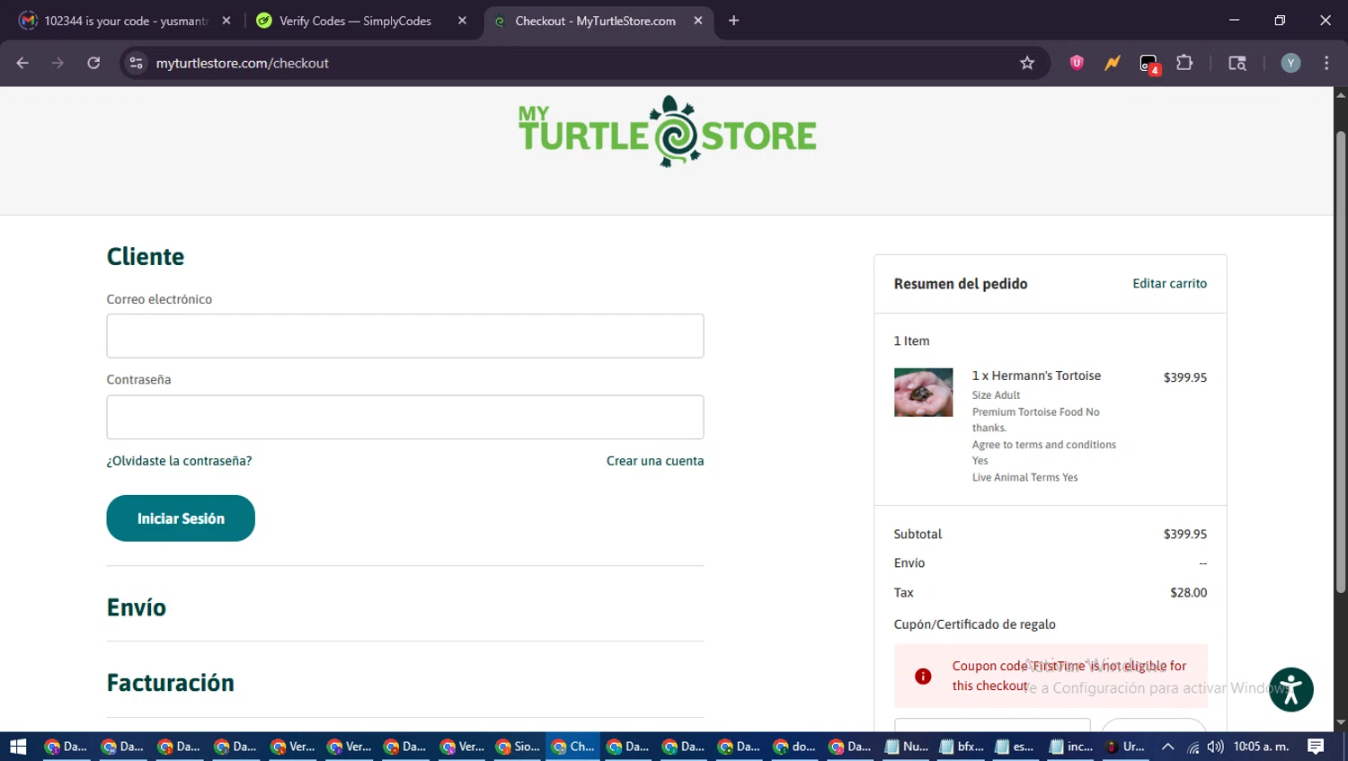 MyTurtleStore coupon code screenshot showing code FirstTime applied at MyTurtleStore checkout page. Uploaded by SimplyCodes community member MoneyTiger5162 on Jul 31, 2025