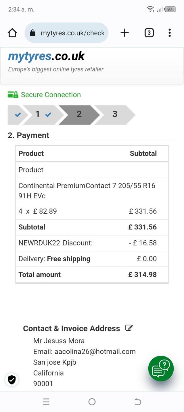 MyTyres.co.uk checkout page showing MyTyres.co.uk promo code box | Screenshot taken by SimplyCodes community member on Sep 16, 2023