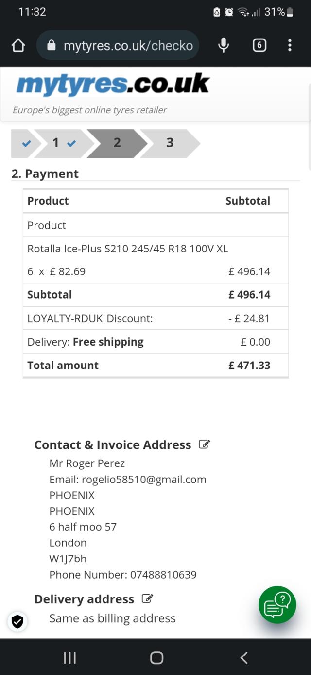 MyTyres.co.uk checkout page showing MyTyres.co.uk promo code box | Screenshot taken by SimplyCodes community member on Nov 6, 2022