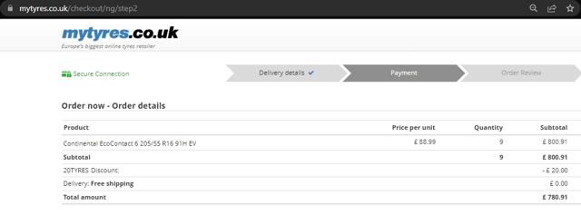 MyTyres.co.uk checkout page showing MyTyres.co.uk promo code box | Screenshot taken by SimplyCodes community member on Dec 24, 2022