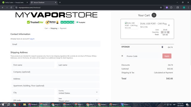 MyVaporStore checkout page showing MyVaporStore coupon code box | Screenshot taken by SimplyCodes community member on Jul 28, 2025