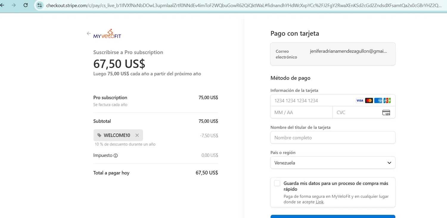 MyVeloFit discount code screenshot showing code WELCOME10 applied at MyVeloFit checkout page. Uploaded by SimplyCodes community member ingri85 on Nov 3, 2025