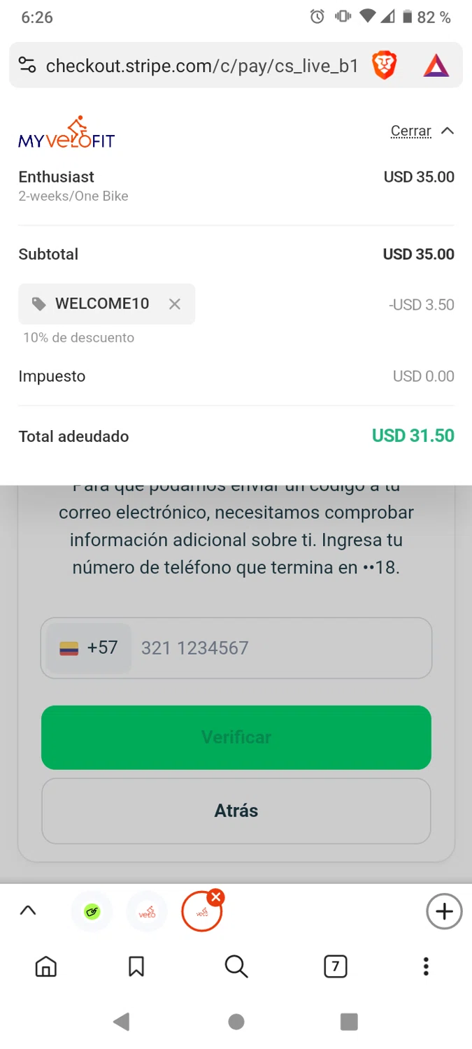MyVeloFit discount code screenshot showing code WELCOME10 applied at MyVeloFit checkout page. Uploaded by SimplyCodes community member victor on May 26, 2025