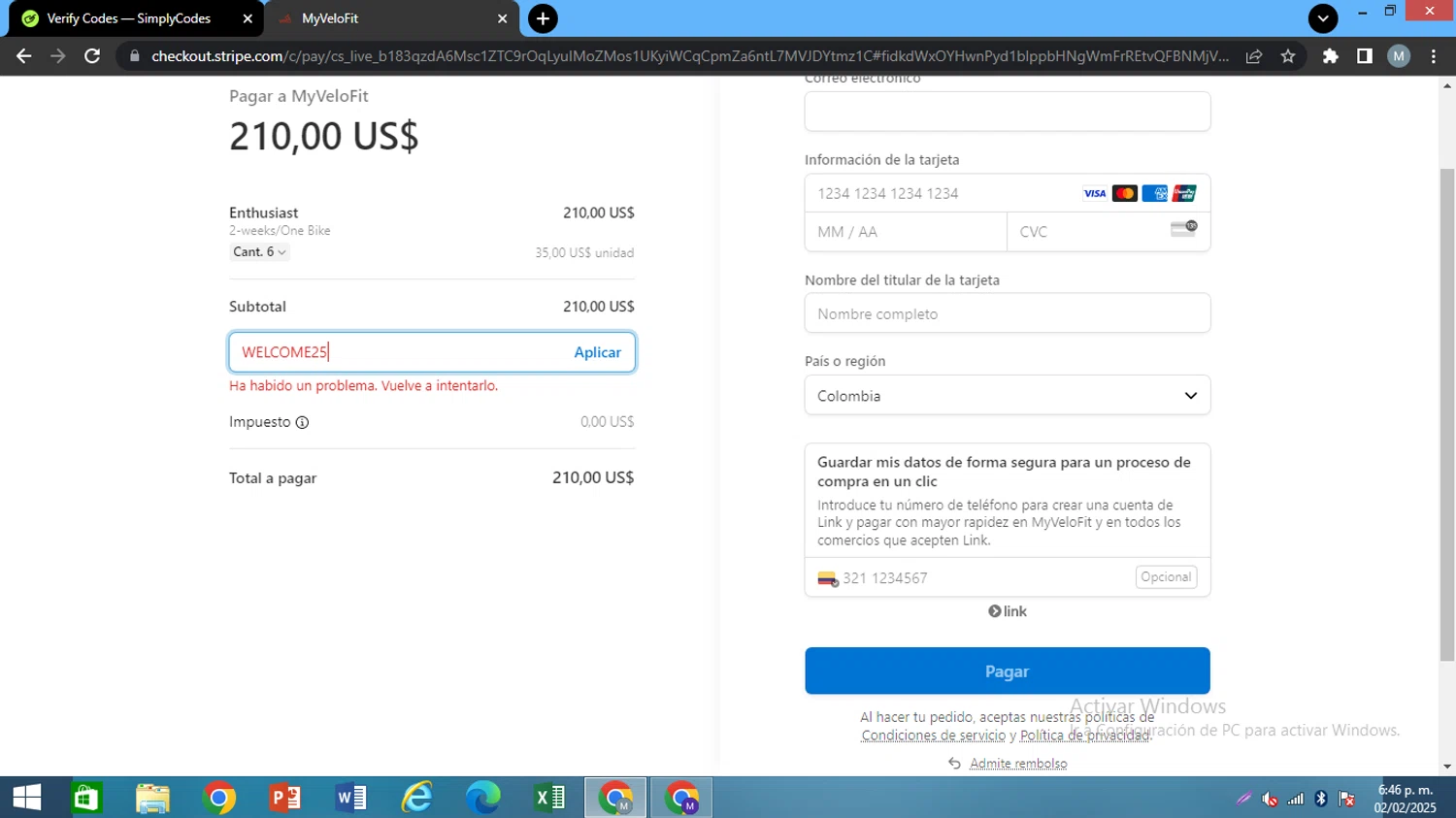 MyVeloFit discount code screenshot showing code WELCOME25 applied at MyVeloFit checkout page. Uploaded by SimplyCodes community member AJOTAA on Feb 2, 2025