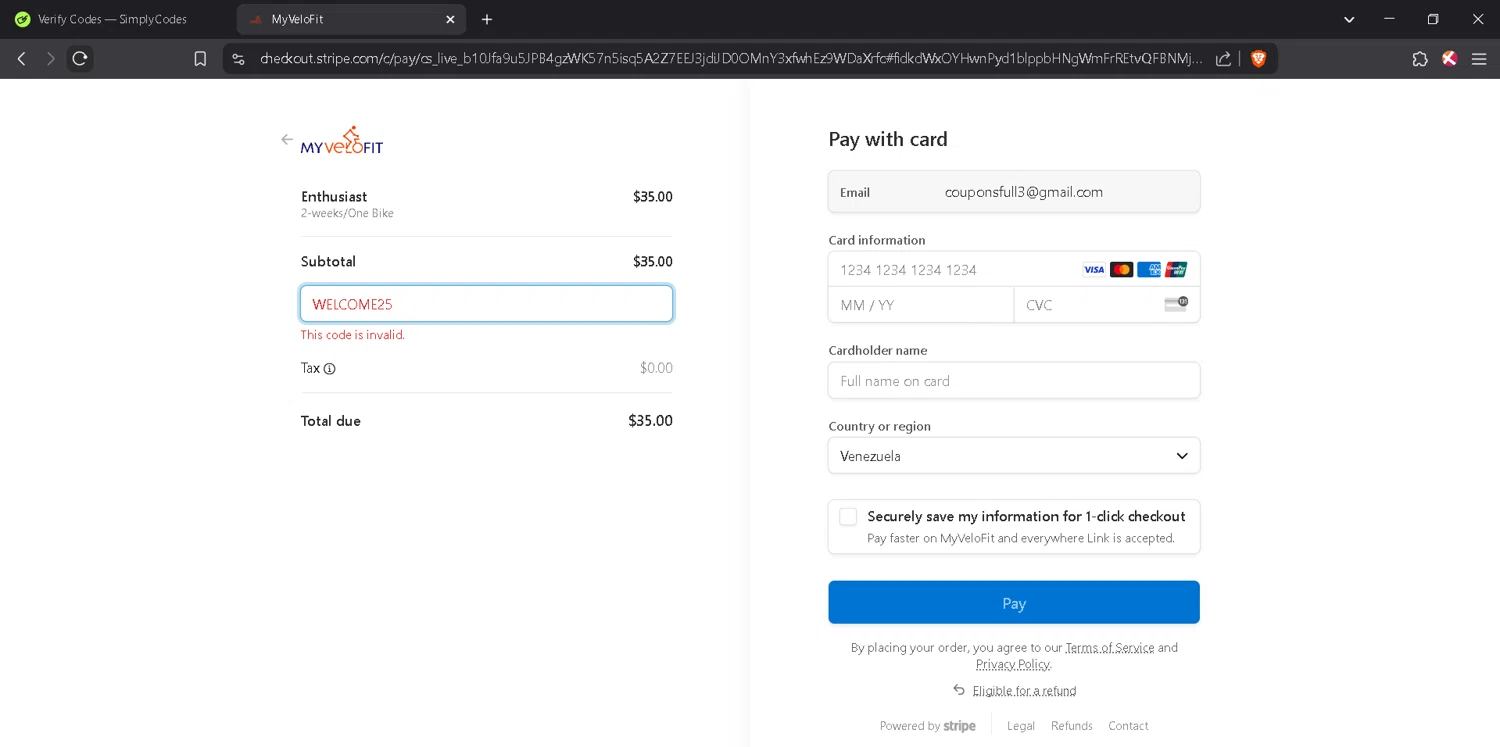 MyVeloFit discount code screenshot showing code WELCOME25 applied at MyVeloFit checkout page. Uploaded by SimplyCodes community member JosephStevens774 on Mar 26, 2025