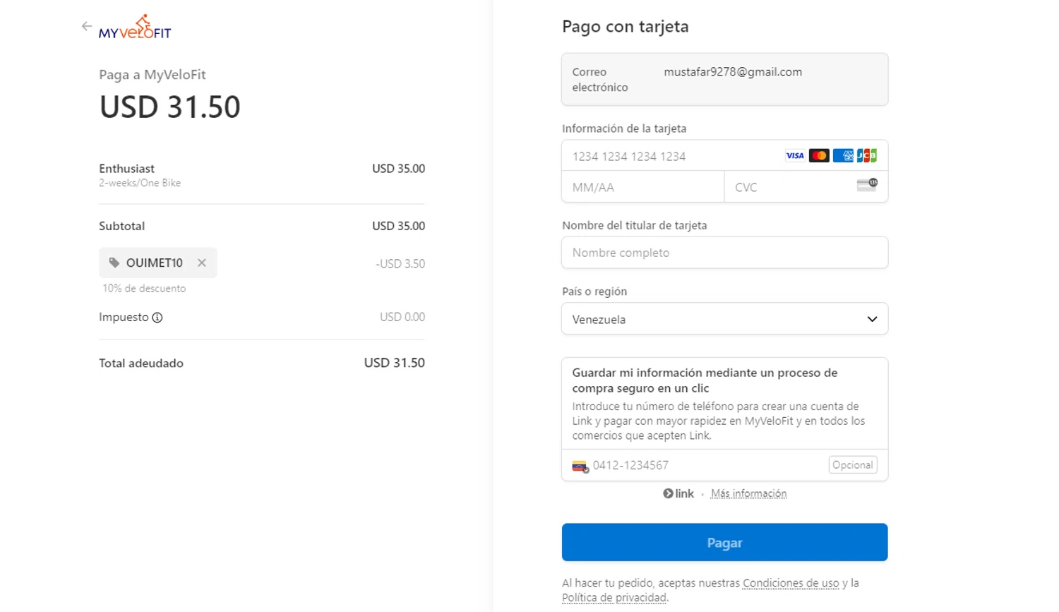 MyVeloFit checkout page showing MyVeloFit discount code box | Screenshot taken by SimplyCodes community member on Aug 11, 2024