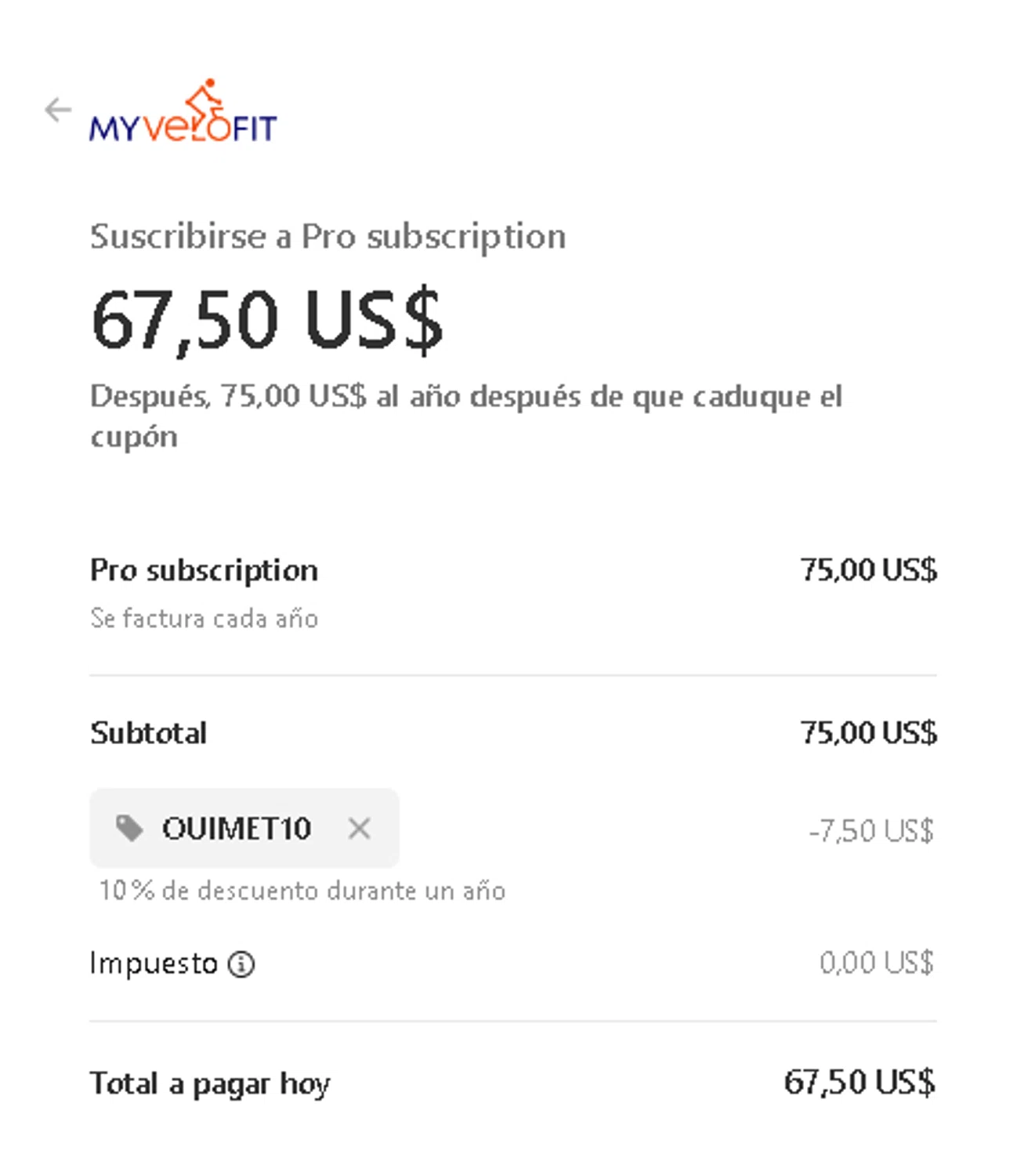 MyVeloFit checkout page showing MyVeloFit discount code box | Screenshot taken by SimplyCodes community member on Oct 9, 2024