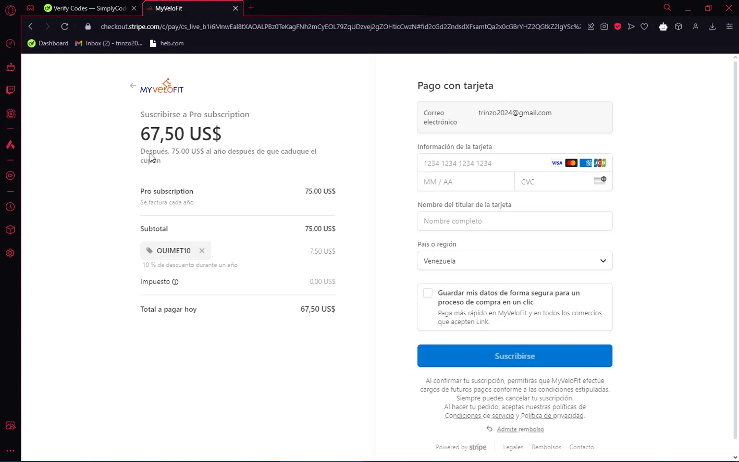 MyVeloFit checkout page showing MyVeloFit discount code box | Screenshot taken by SimplyCodes community member on Sep 9, 2024