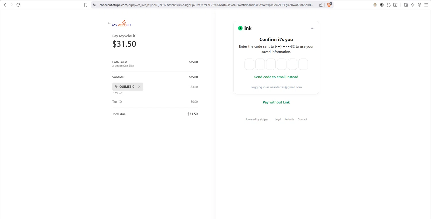 MyVeloFit checkout page showing MyVeloFit discount code box | Screenshot taken by SimplyCodes community member on Feb 10, 2026