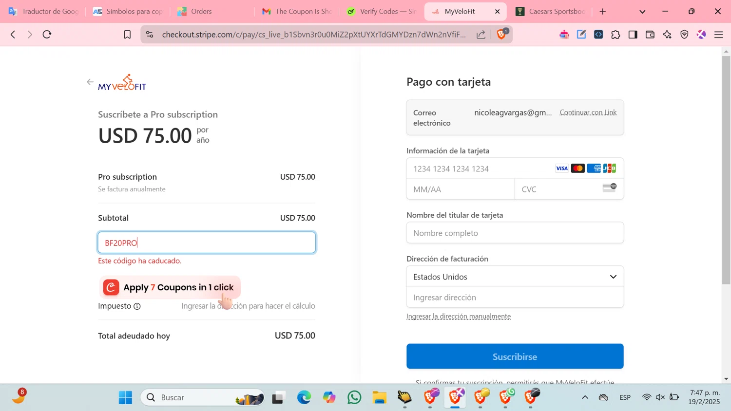 MyVeloFit discount code screenshot showing code bf20pro applied at MyVeloFit checkout page. Uploaded by SimplyCodes community member cosita on Feb 19, 2025