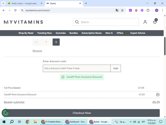 MyVitamins checkout page showing MyVitamins discount code box | Screenshot taken by SimplyCodes community member on Sep 5, 2025