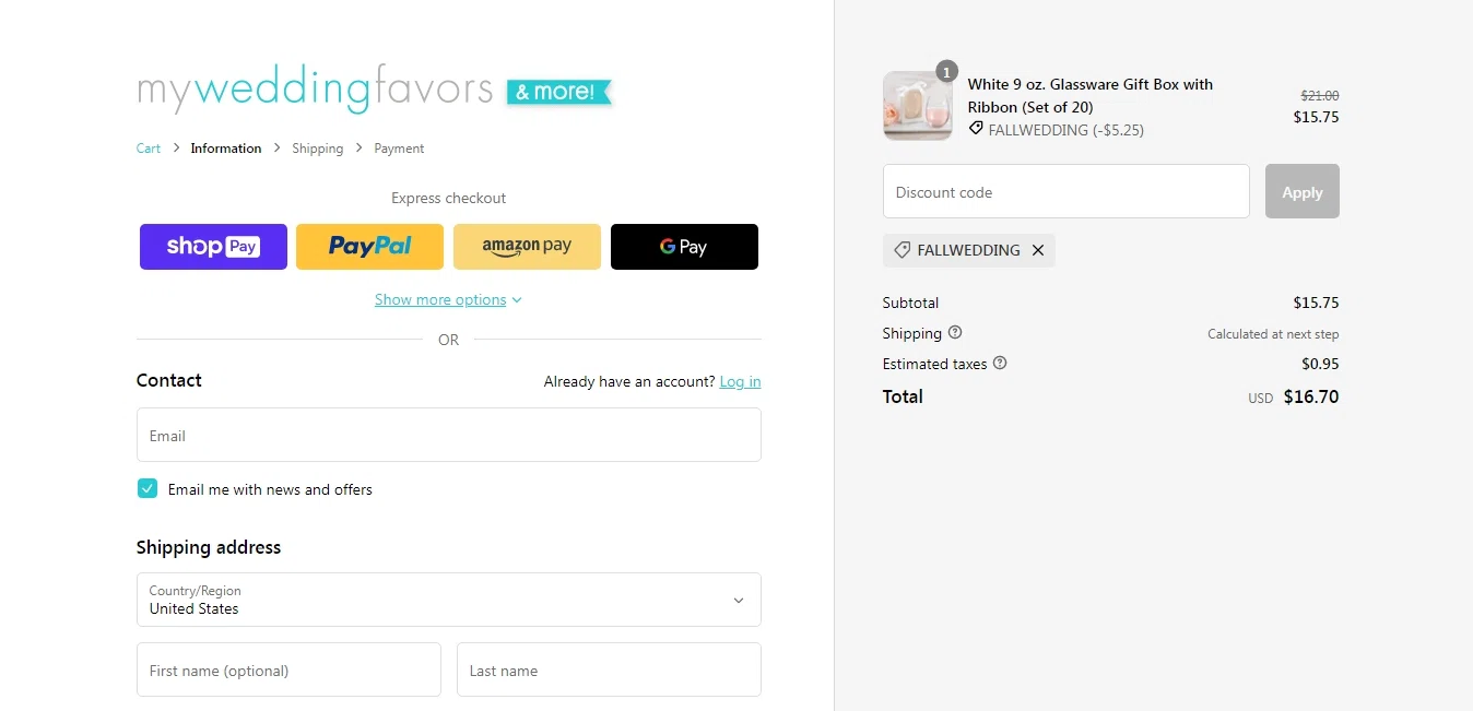 where to use My Wedding Favors promo code box