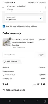 Welcome25 coupon verification screenshot