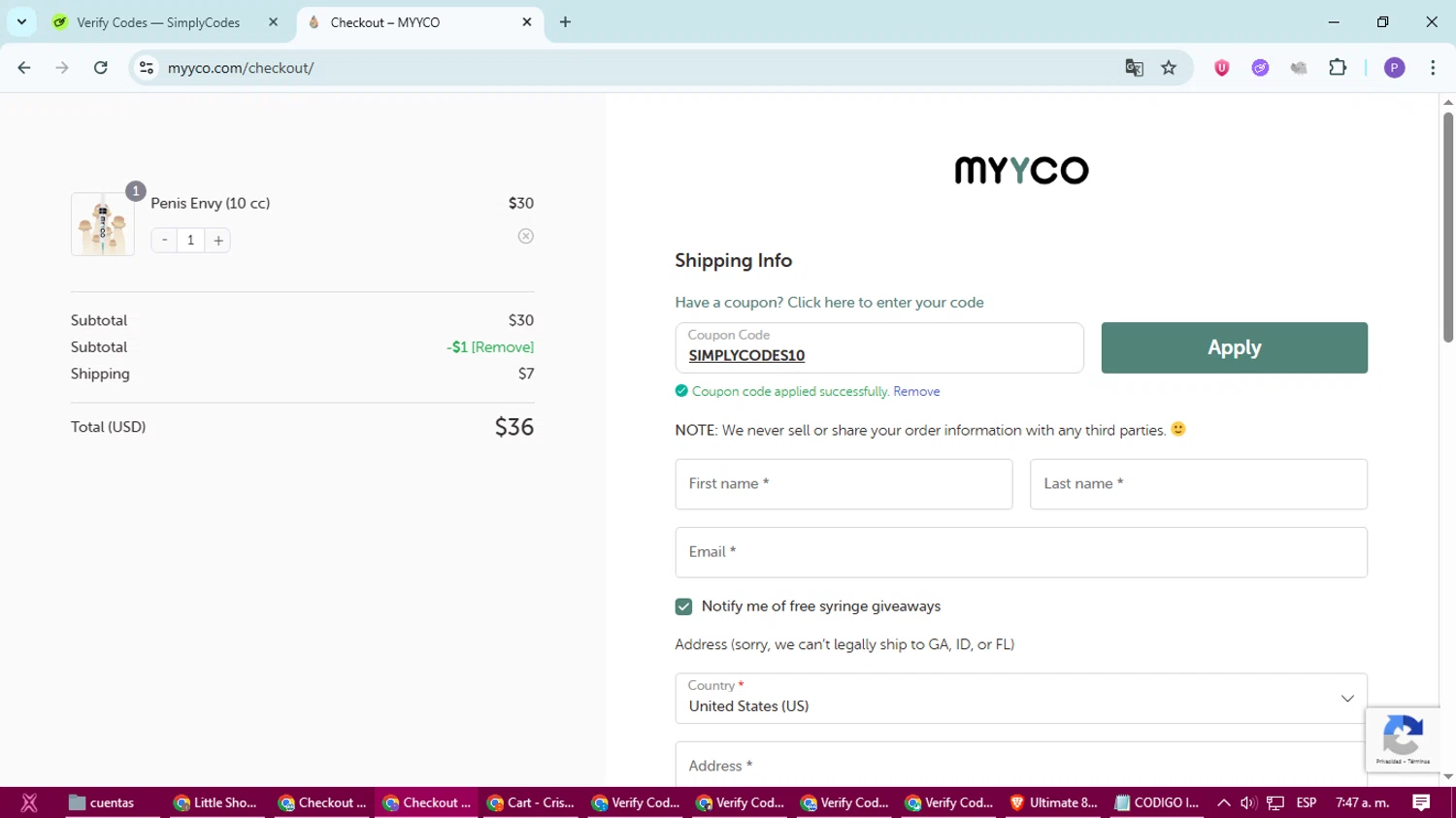 MYYCO coupon code screenshot showing code SIMPLYCODES10 applied at MYYCO checkout page. Uploaded by SimplyCodes community member FortunateLion8466 on Sep 7, 2025
