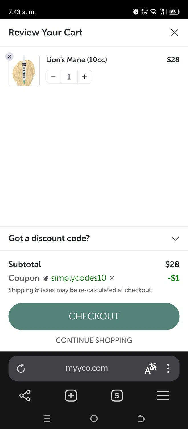 MYYCO coupon code screenshot showing code SIMPLYCODES10 applied at MYYCO checkout page. Uploaded by SimplyCodes community member SmartScholar9589 on Jul 11, 2025