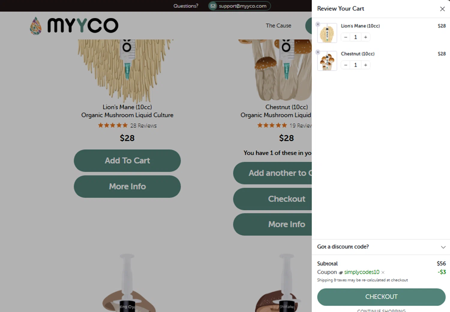 MYYCO coupon code screenshot showing code SIMPLYCODES10 applied at MYYCO checkout page. Uploaded by SimplyCodes community member Toundjiale on Aug 9, 2025