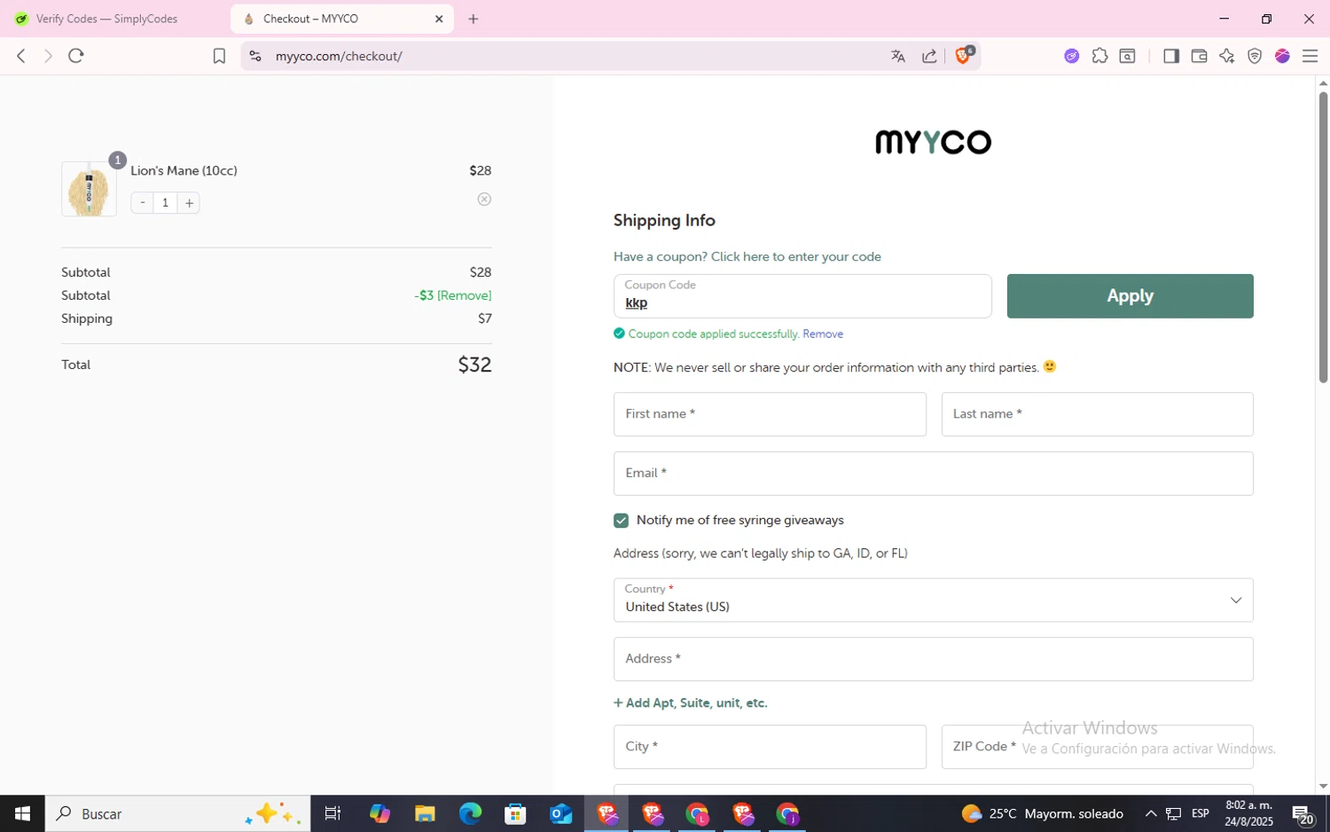 MYYCO coupon code screenshot showing code kkp applied at MYYCO checkout page. Uploaded by SimplyCodes community member CodeLynx5272 on Aug 24, 2025