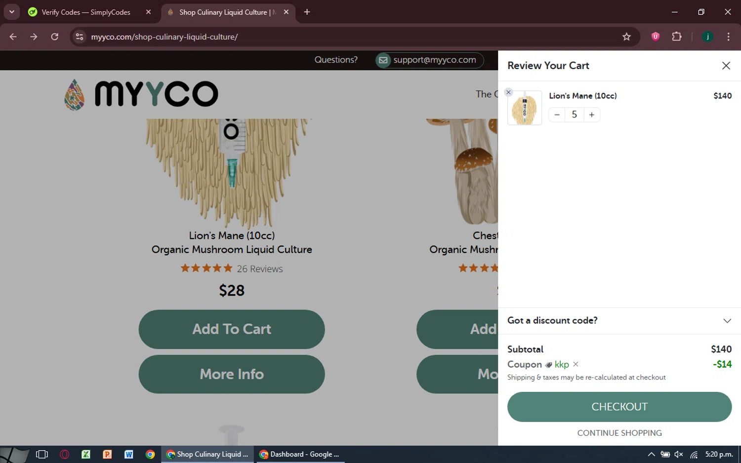 MYYCO coupon code screenshot showing code kkp applied at MYYCO checkout page. Uploaded by SimplyCodes community member MoneySpotter5416 on Jun 27, 2025