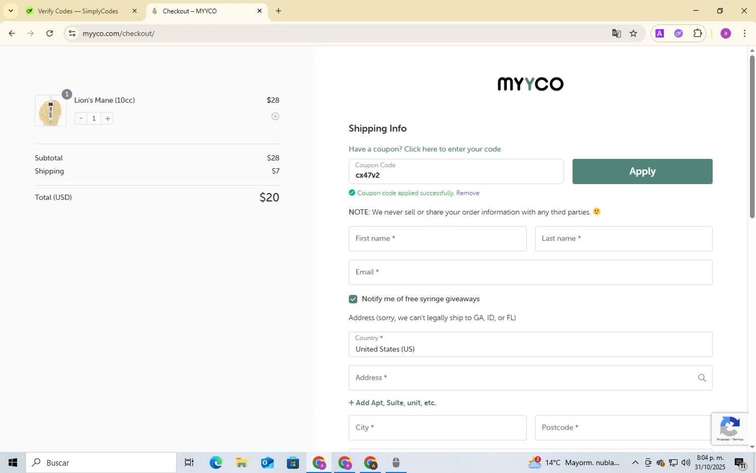 MYYCO coupon code screenshot showing code cx47v2 applied at MYYCO checkout page. Uploaded by SimplyCodes community member BukayoSaka on Oct 31, 2025