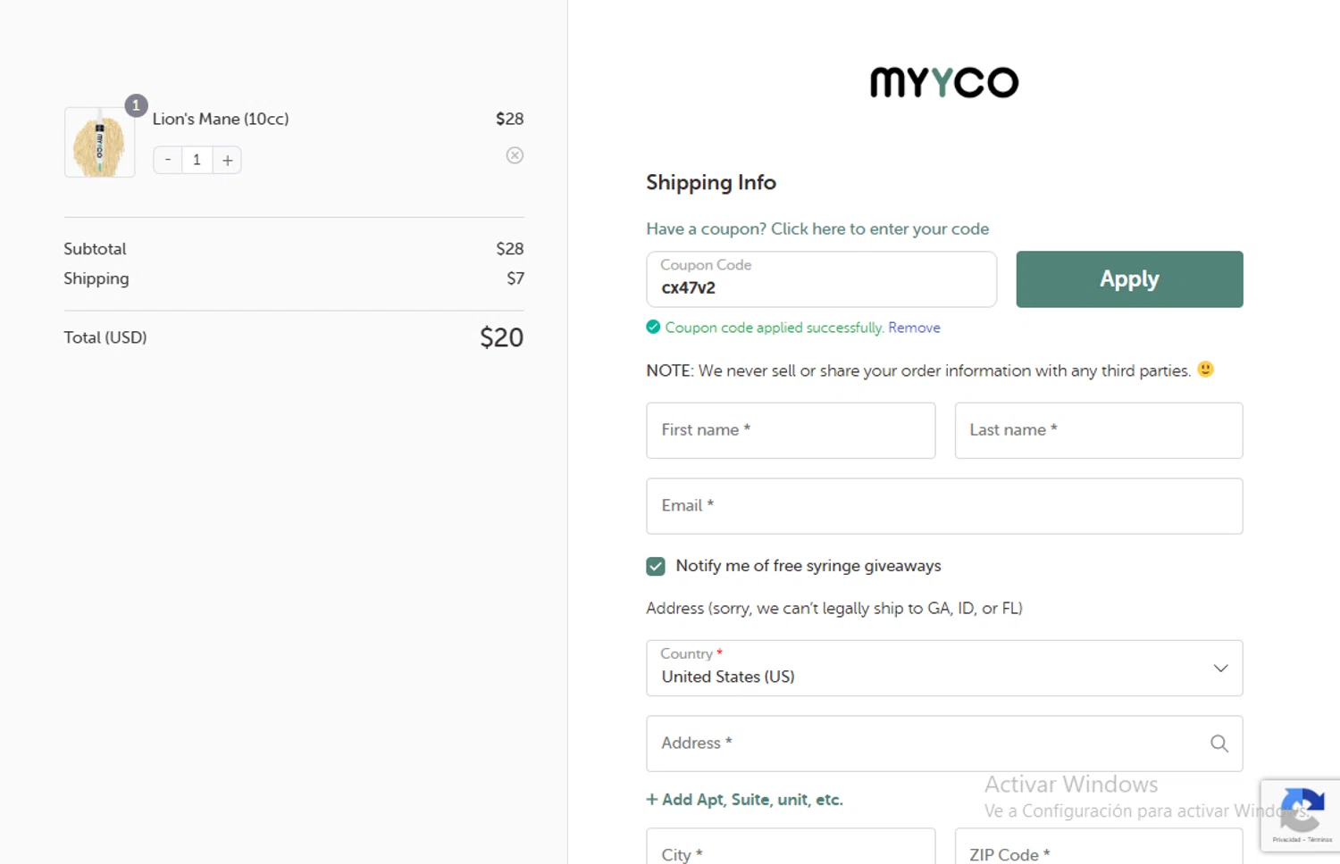 MYYCO checkout page showing MYYCO coupon code box | Screenshot taken by SimplyCodes community member on Jan 10, 2026