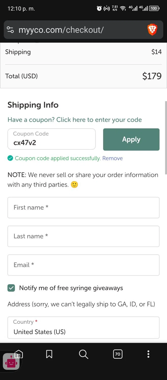 MYYCO coupon code screenshot showing code cx47v2 applied at MYYCO checkout page. Uploaded by SimplyCodes community member usermariee on Nov 13, 2025