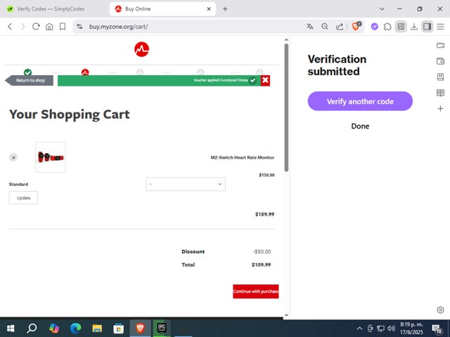 Myzone checkout page showing Myzone discount code box | Screenshot taken by SimplyCodes community member on Jun 18, 2025