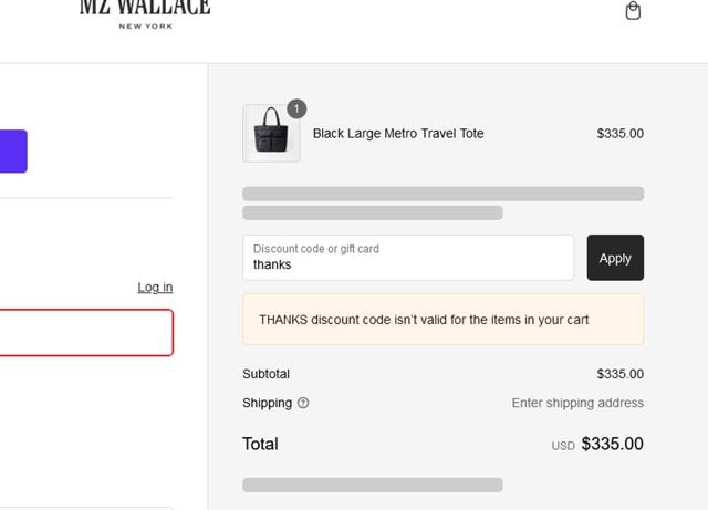 MZ Wallace checkout page showing MZ Wallace discount code box | Screenshot taken by SimplyCodes community member on Feb 16, 2025