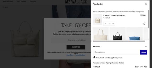 MZ Wallace checkout page showing MZ Wallace discount code box | Screenshot taken by SimplyCodes community member on Jun 15, 2025