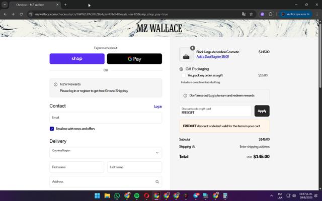 MZ Wallace checkout page showing MZ Wallace discount code box | Screenshot taken by SimplyCodes community member on Aug 29, 2025