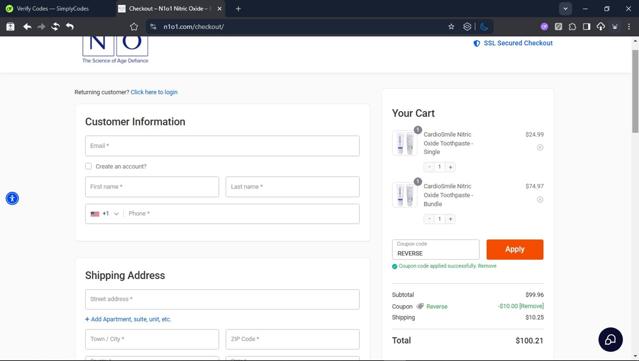 N1o1 checkout page showing N1o1 coupon code box | Screenshot taken by SimplyCodes community member on Aug 25, 2025