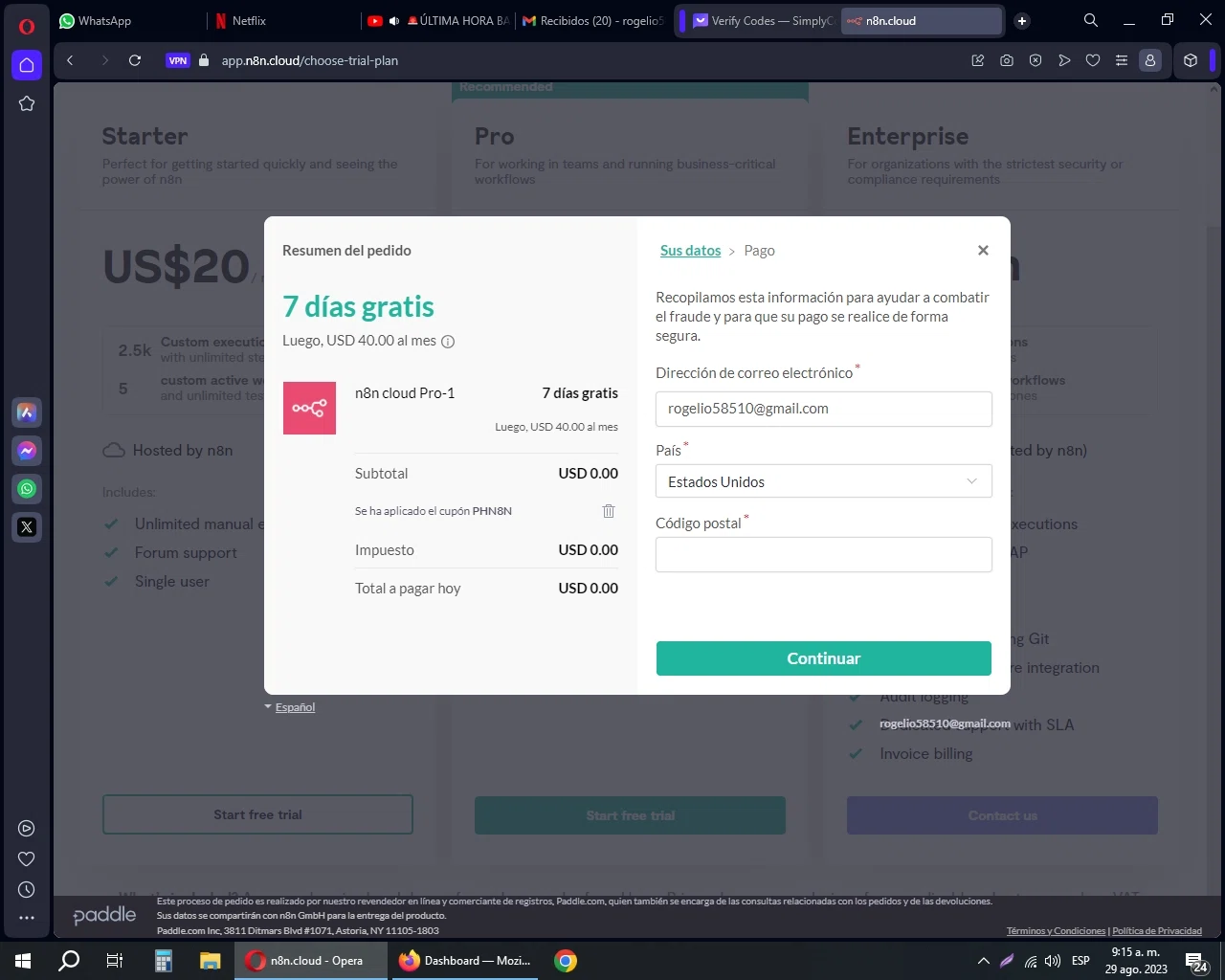 N8n.io checkout page showing N8n.io promo code box | Screenshot taken by SimplyCodes community member on Aug 29, 2023