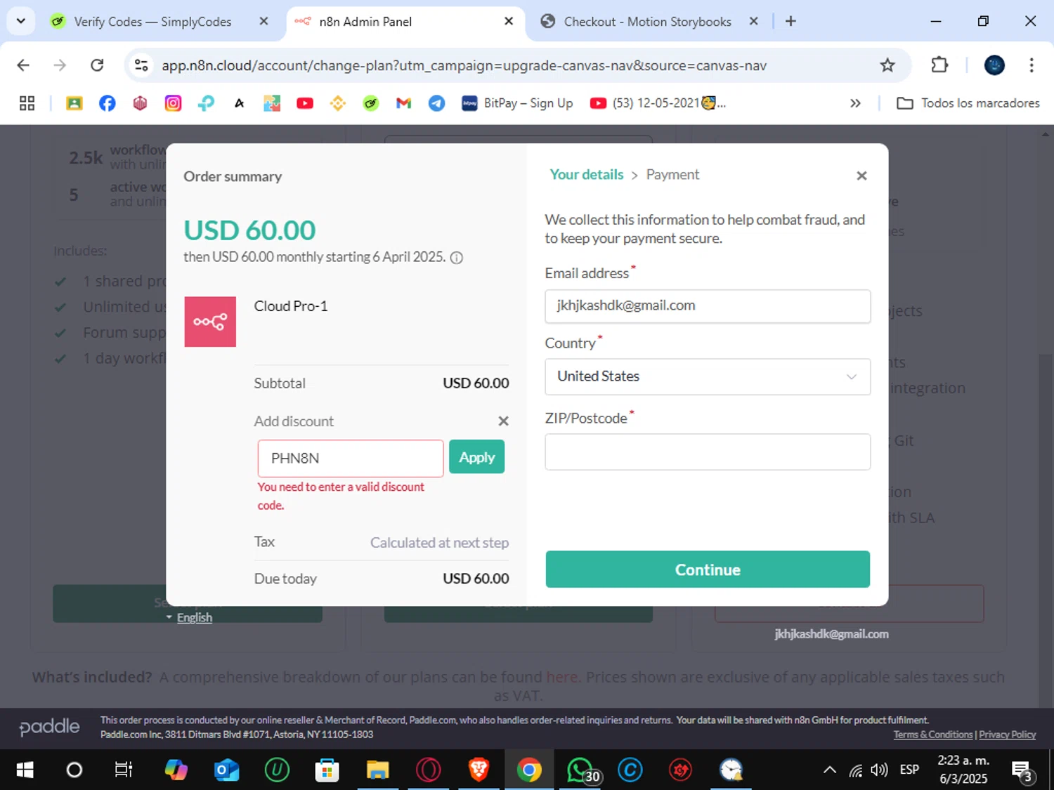 N8n.io promo code screenshot showing code PHN8N applied at N8n.io checkout page. Uploaded by SimplyCodes community member SunJinWoo on Mar 6, 2025