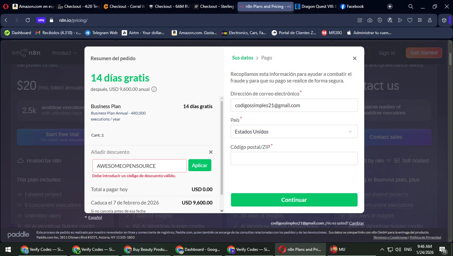 N8n.io promo code screenshot showing code AWESOMEOPENSOURCE applied at N8n.io checkout page. Uploaded by SimplyCodes community member TrevorPhilips on Jan 24, 2026