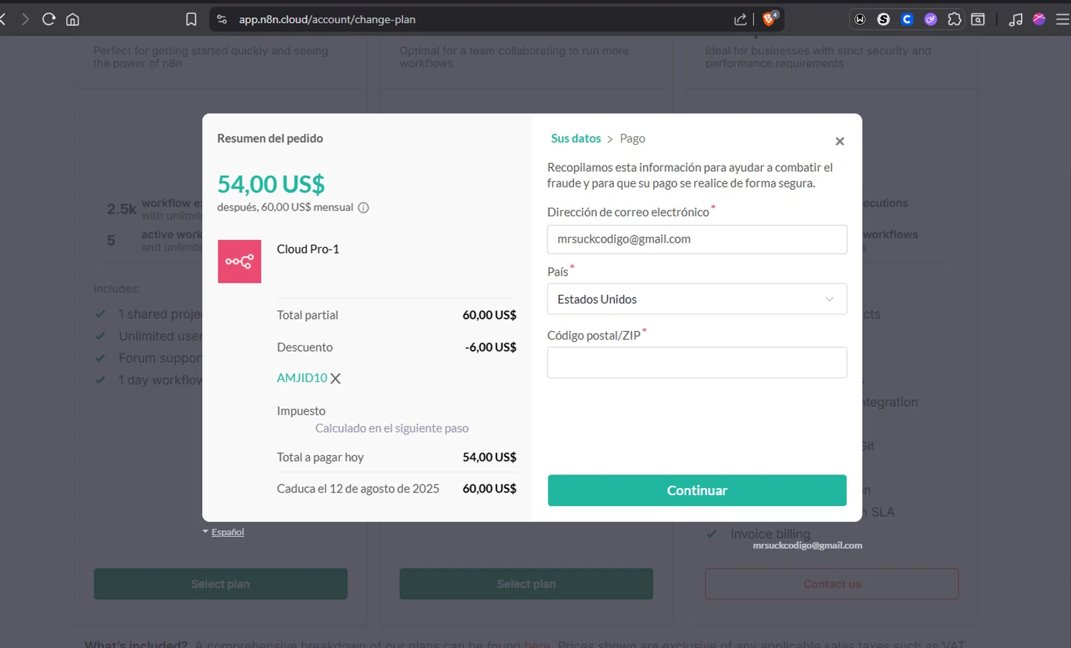 N8n.io promo code screenshot showing code AMJID10 applied at N8n.io checkout page. Uploaded by SimplyCodes community member Jmhernand1 on Jul 12, 2025